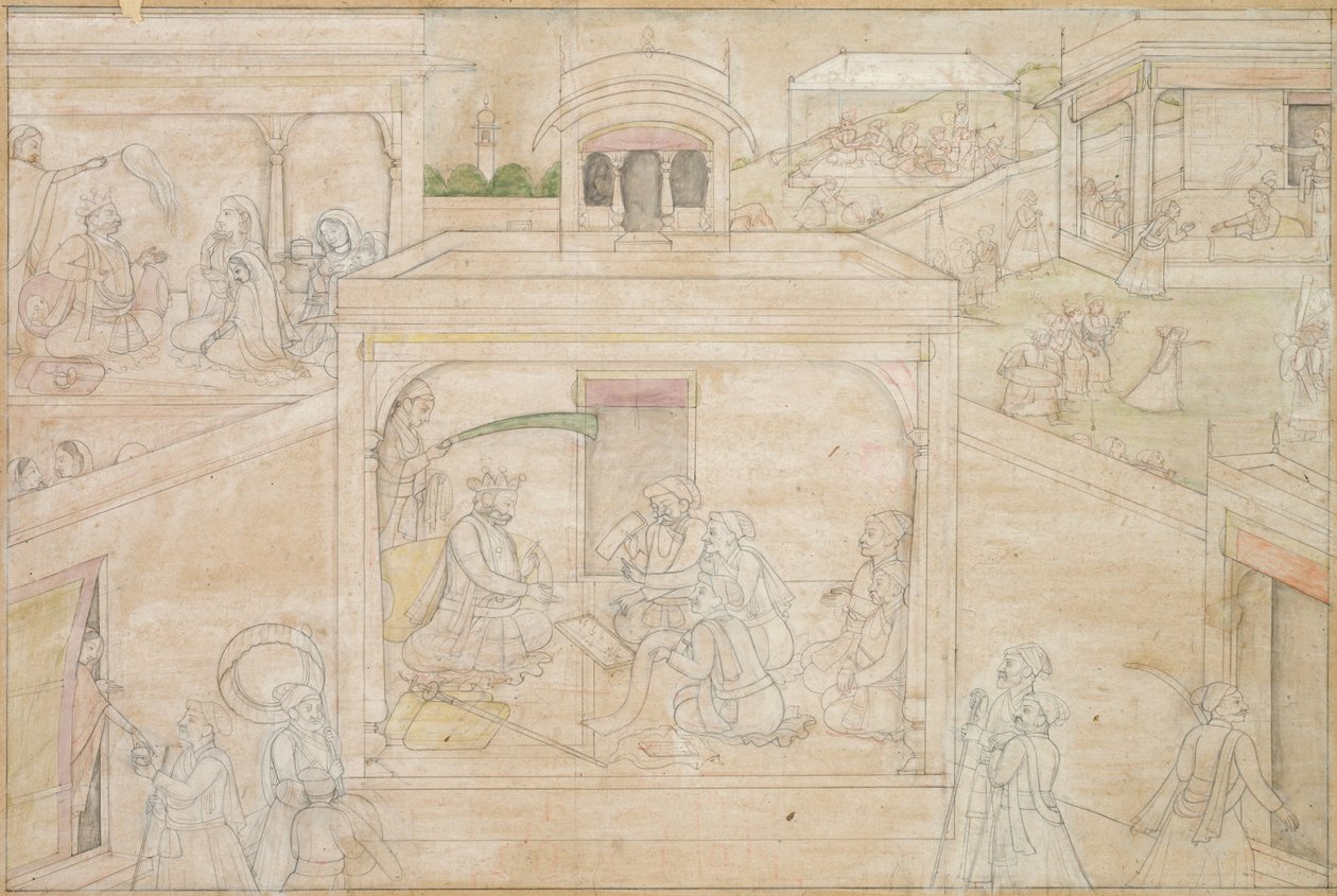 Bhimas konsultasjon med astrologen: Scene fra Nala-Damayanti-tegningene av Unknown artist