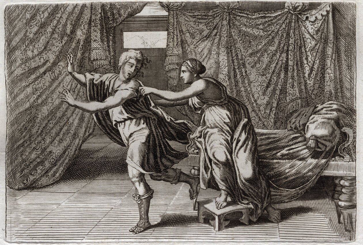 Bibelen til Royaumont, Det gamle testamente: Josephs kyskhet. Josef ble bedt om av kona til Putifar (Potifar), og satt i fengsel. Illustrasjon fra 1811. av Unknown artist