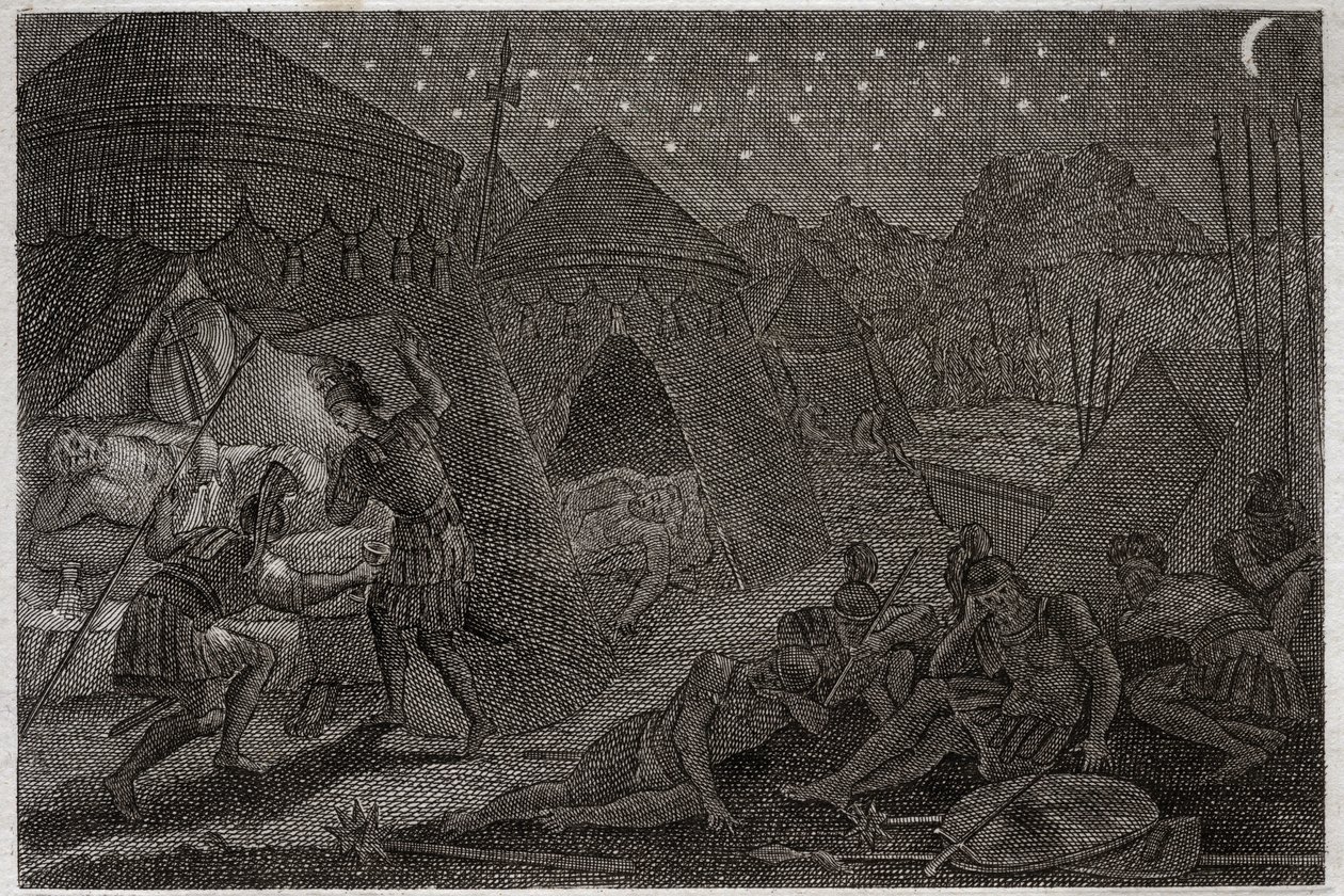 Bibelen til Royaumont, Det gamle testamente: David redder Saul. David har Saul i hendene, men han skader ham ikke. Han tar bare spydet og koppen. Illustrasjon fra 1811. av Unknown artist