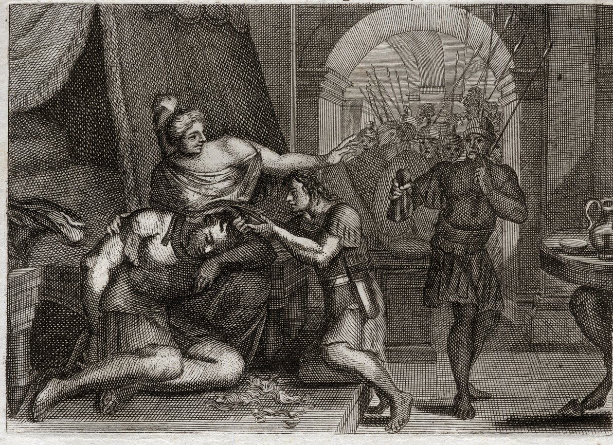 Bibelen til Royaumont, Det gamle testamente: Samsons død. Samson oppdager Dalila at styrken hennes var i håret. Hun klipper håret hans og bringer filistersoldatene inn i rommet. Illustrasjon fra 1811. av Unknown artist