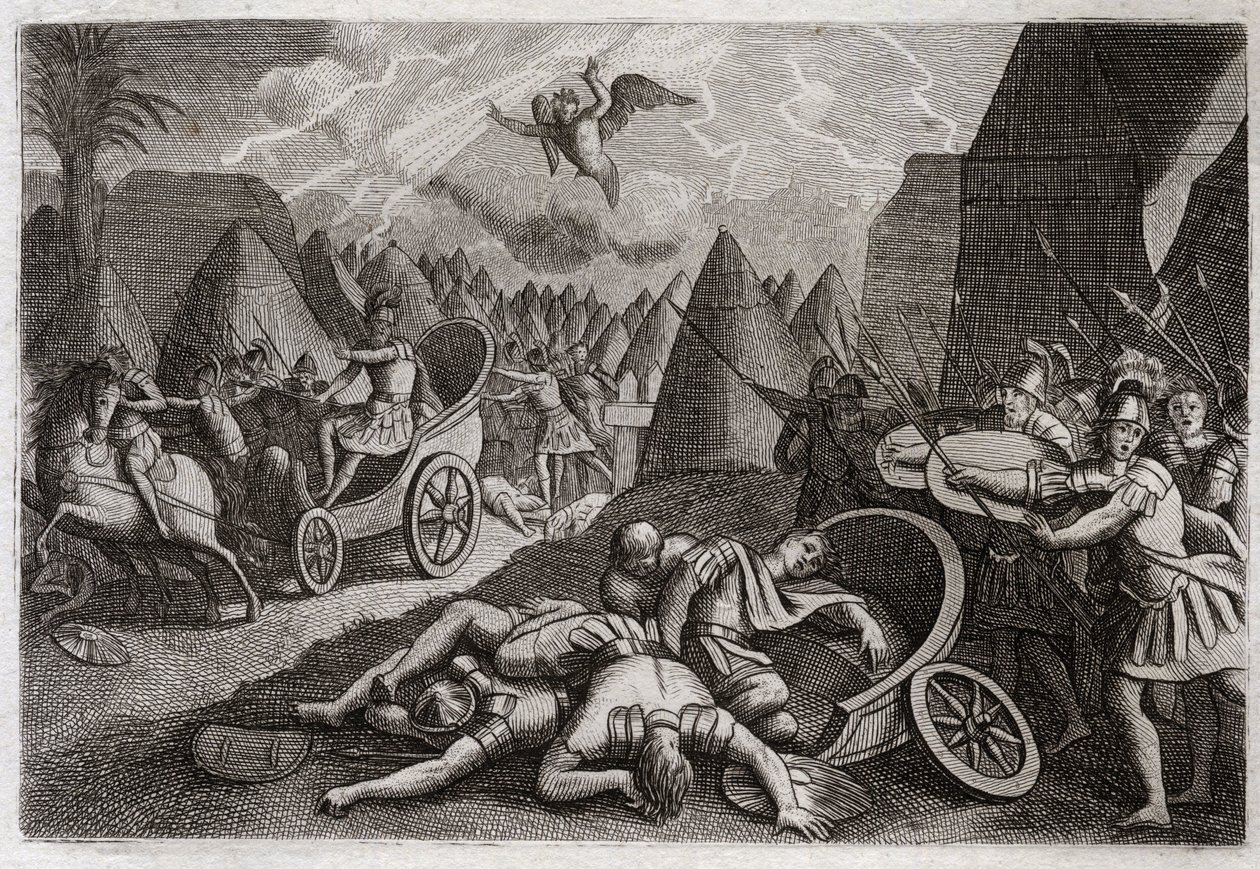 Bible of Royaumont, Old Testament: Defeat of Sennacherib. God defeated the army of Sennacherib (Sancherib) in favour of King Ezekiah by an Angel who killed one hundred and eighty five thousand men in one night. Illustration from 1811. av Unknown artist