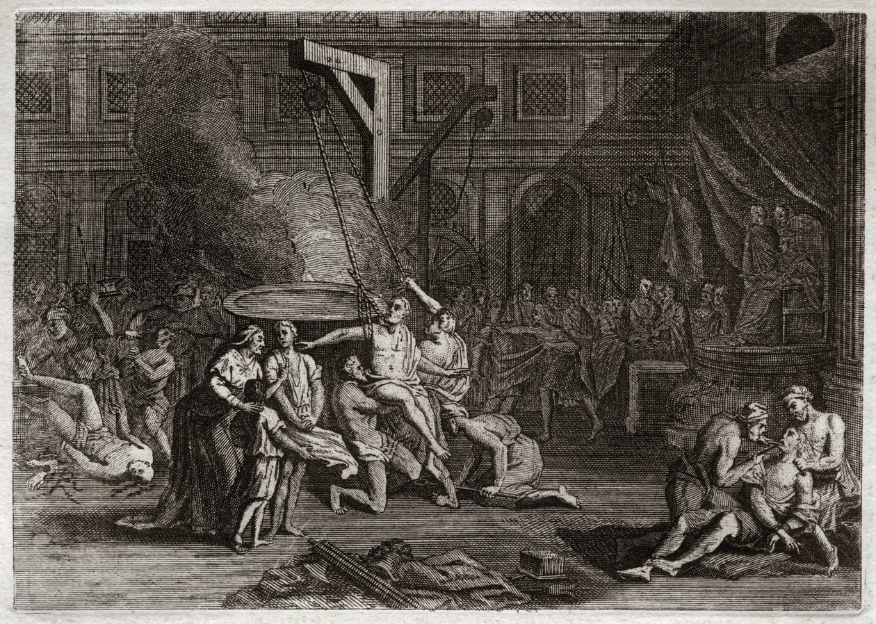 Bible of Royaumont, Old Testament: Martyrdom of the Machabees. The seven Maccabees brothers are martyred rather than betraying their own faith. Illustration from 1811. av Unknown artist