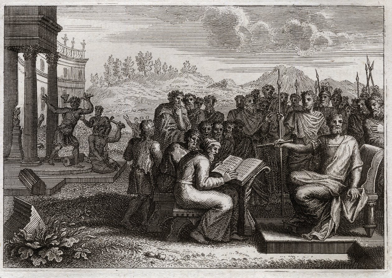 Bibelen til Royaumont, Det gamle testamente: Piete of Josias. Josiah, kongen av Juda, gjenoppretter tilbedelsen av Gud i sitt rike, og passerer alle kongene sine forgjengere i kraft. Illustrasjon fra 1811. av Unknown artist