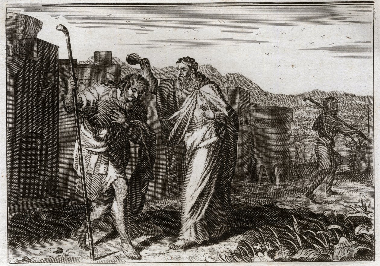 Bible of Royaumont, Old Testament: Rite of Saul. Samuel, by order of God, sacred Saul to be King of the Jews. Illustration from 1811. av Unknown artist