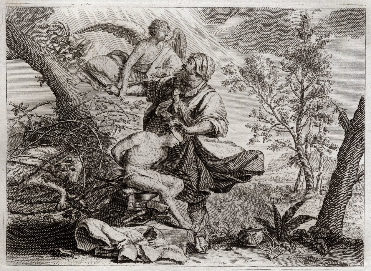Bible of Royaumont, Old Testament: Sacrifice of Abraham. An angel holds Abraham