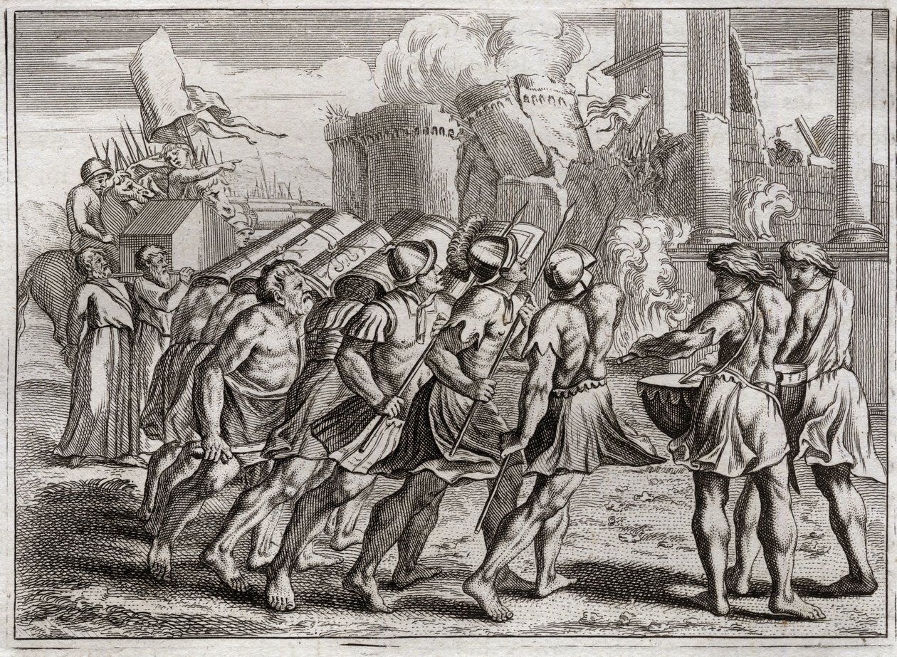 Bibelen til Royaumont, Det gamle testamente: Tatt av Jeriko. Jerikos murer faller til jorden til lyden av trompetene til prestene som gikk foran Herrens paktsark. Illustrasjon fra 1811. av Unknown artist