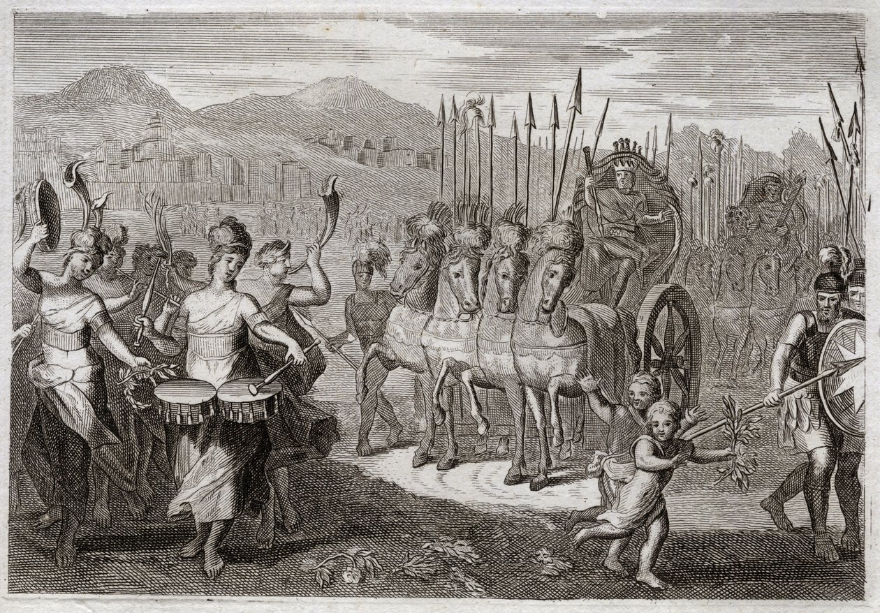 Bible of Royaumont, Old Testament: Triumph of David. After David defeated Giant Goliath, the women of Israel went before him to honor his triumph, with cheers of joy and the sound of instruments. Illustration from 1811. av Unknown artist