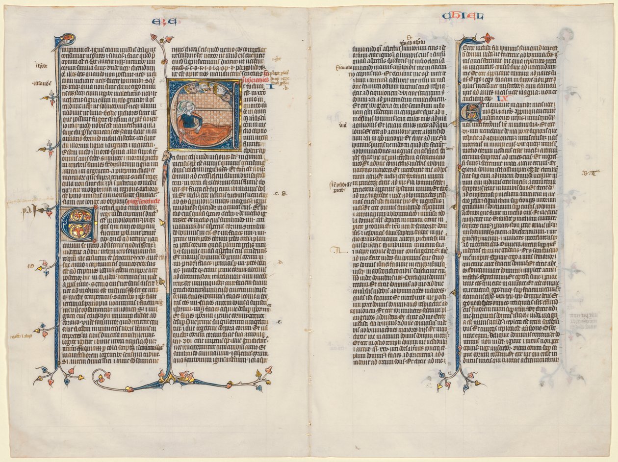 Bifolium fra en bibel: Initial E[t factum est] med Esekiel av Unknown artist