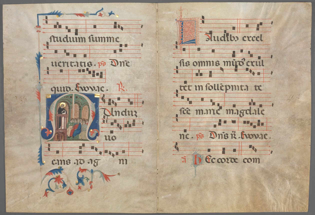 Bifolium from an Antiphonary: Initial M med Saint Dominic Preaching and Music av Unknown artist