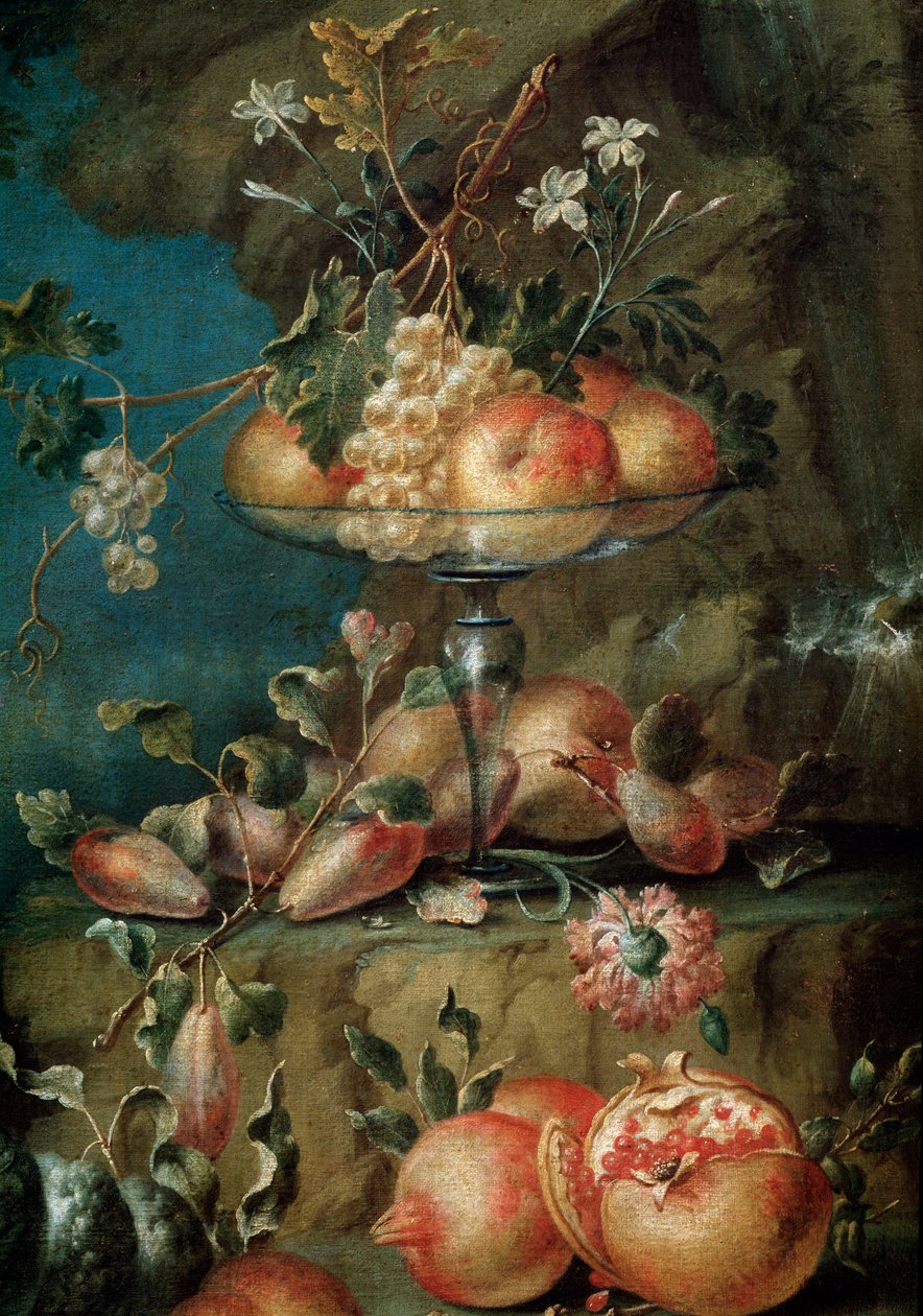 Fugler og frukt i et landskap (detalj av et maleri av Unknown artist