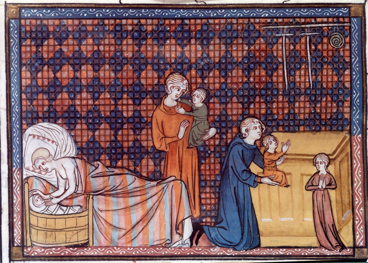 Fødsel og utdanning av kongen av Frankrike Louis IX eller Saint Louis (1214-1270). Miniatyr fra manuskriptet "Life and Miracles of Saint Louis" av William av Saint Pathus av Unknown artist