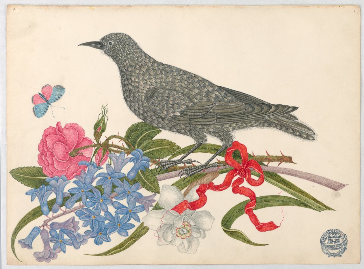 Svart fugl med blomster, sommerfugl og rødt bånd av Unknown artist