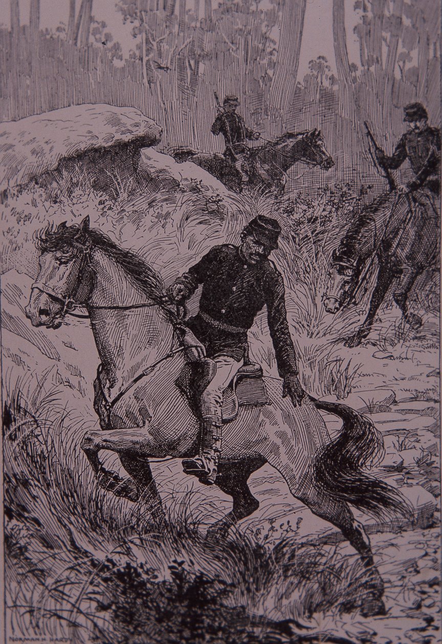 Black Trackers forfølger bushrangers i Australia (gravering) av Unknown artist