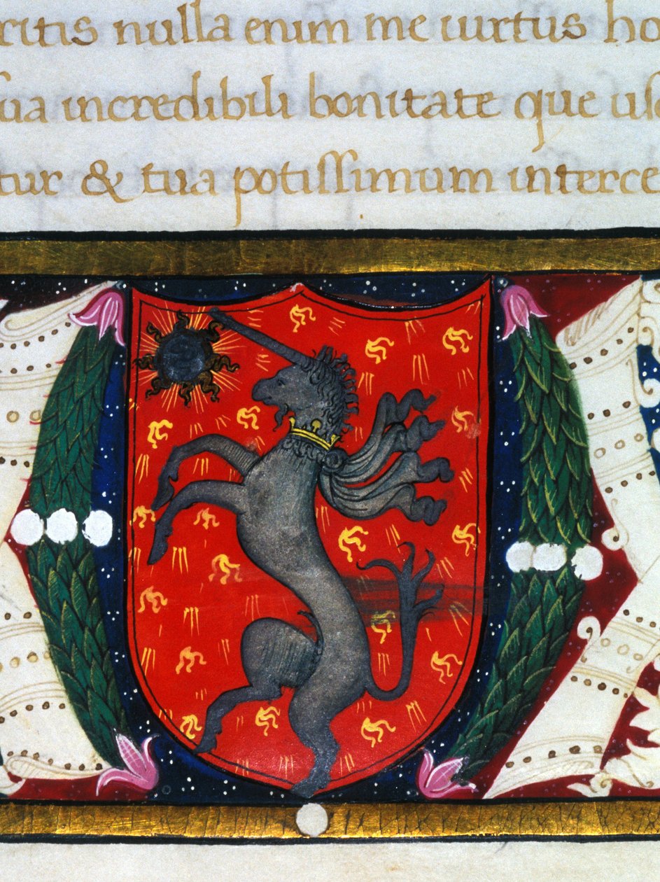 Blazon dekorerer en enhjørning, en stjerne på rød bakgrunn. Detalj av en miniatyr. 1300-tallet av Unknown artist