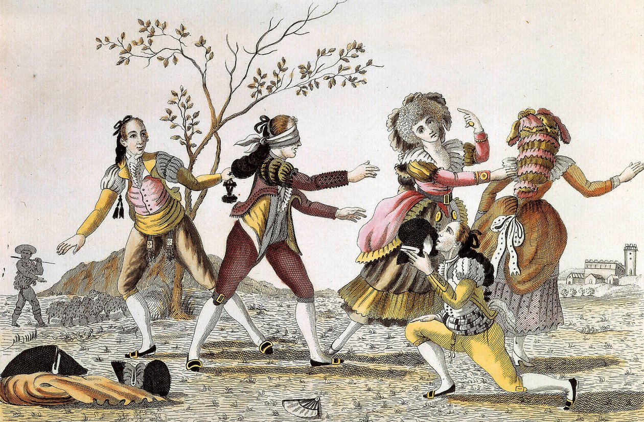 Blindmanns buff: En mann med bind for øynene søker å finne spillkameratene sine av Unknown artist
