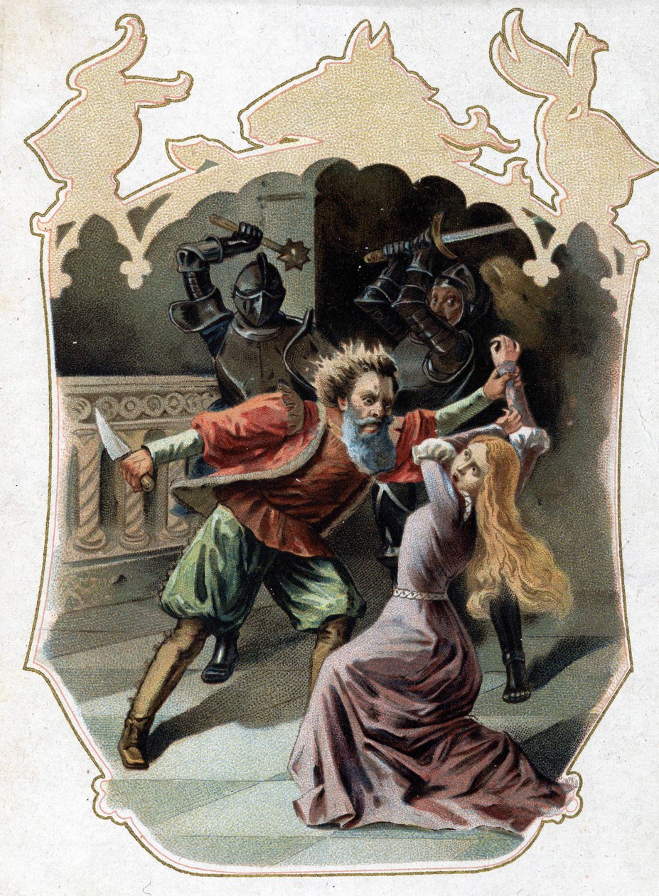 Blue Beard. Tale of Charles Perrault. 1697. Chromolithography of the late 19th century. Sticker “” At the cheap”””. “The Blue Beard tries to murder his wife, who tried to enter the cabinet where the wives he murdered are, to punish her for her curiosity. T av Unknown artist
