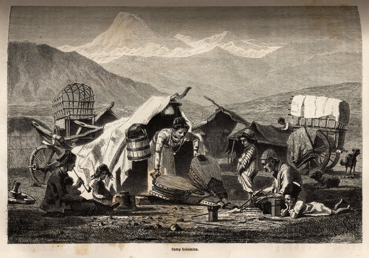 Bohem leir. Gravering for å illustrere reisen i provinsene i Kaukasus, av Basile Vereschaguine, i 1864-1865, publisert i "" Le tour du monde, nouveau journal des voyages", redigert av Edouard Charton av Unknown artist