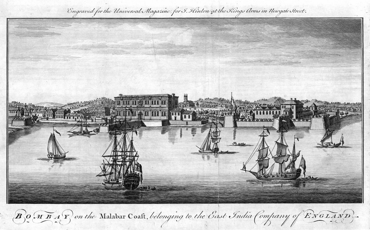 Bombay, East India Company of Englands havn på Malabarkysten av India, med selskapets handelsfartøy i forgrunnen og varehus og bygninger ved kai bak. Kobberstikk, London av Unknown artist