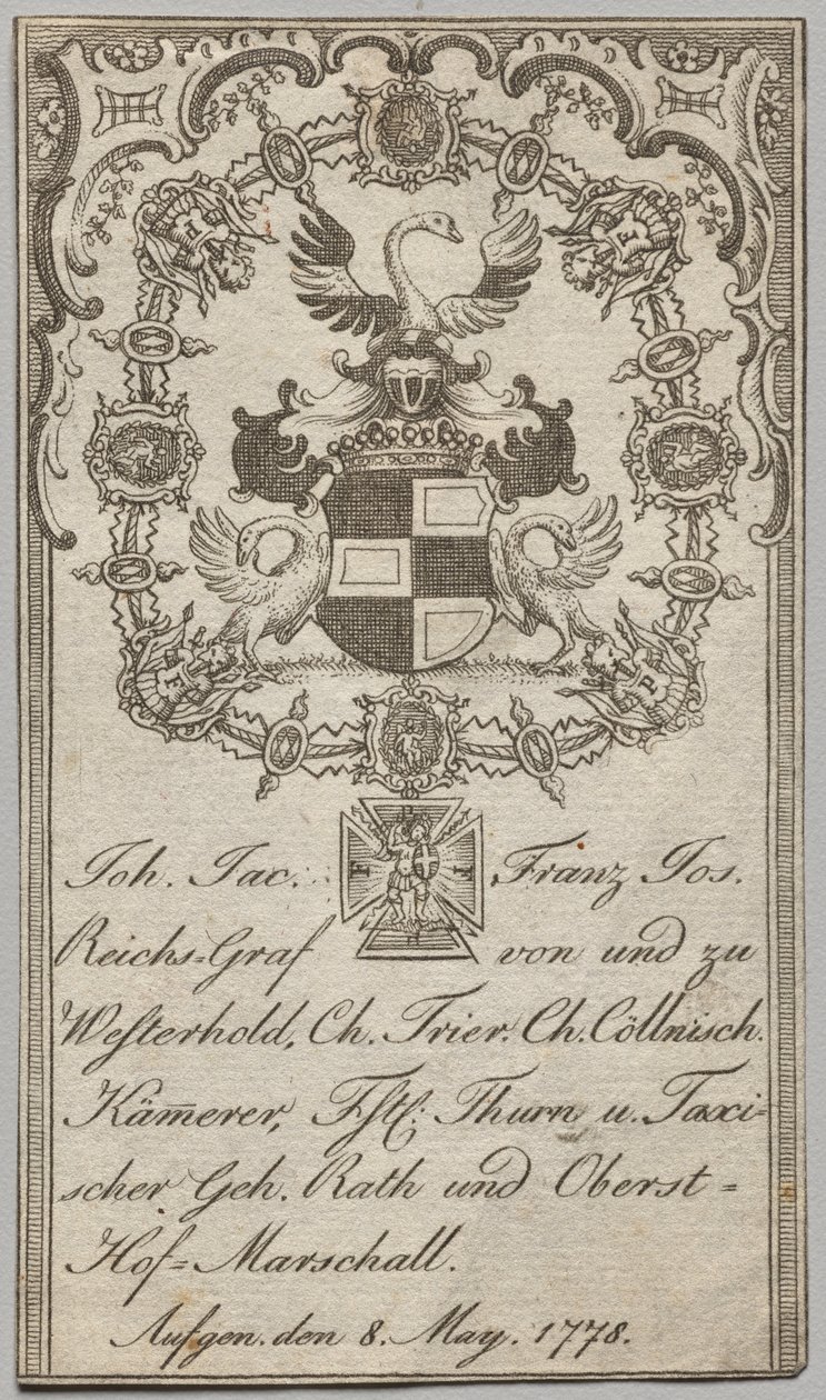 Bokplate: Johan. jac Franz Joseph, keiserlig greve av Westerhold av Unknown artist