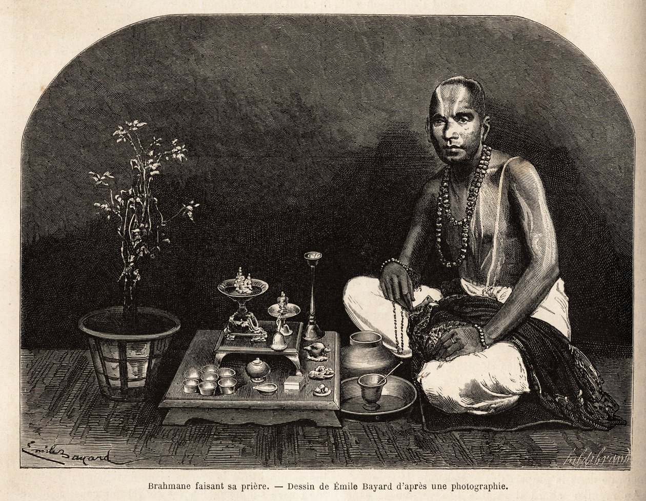 Brahmane kneler foran offeralteret og ber. Gravering for å illustrere reisen i meridionalprovinsene i India, av Alfred Grandidier, i 1862-1864, publisert i "" le tour du monde", redigert av Edouard Charton, Hachette, Paris 1869.Selva C av Unknown artist