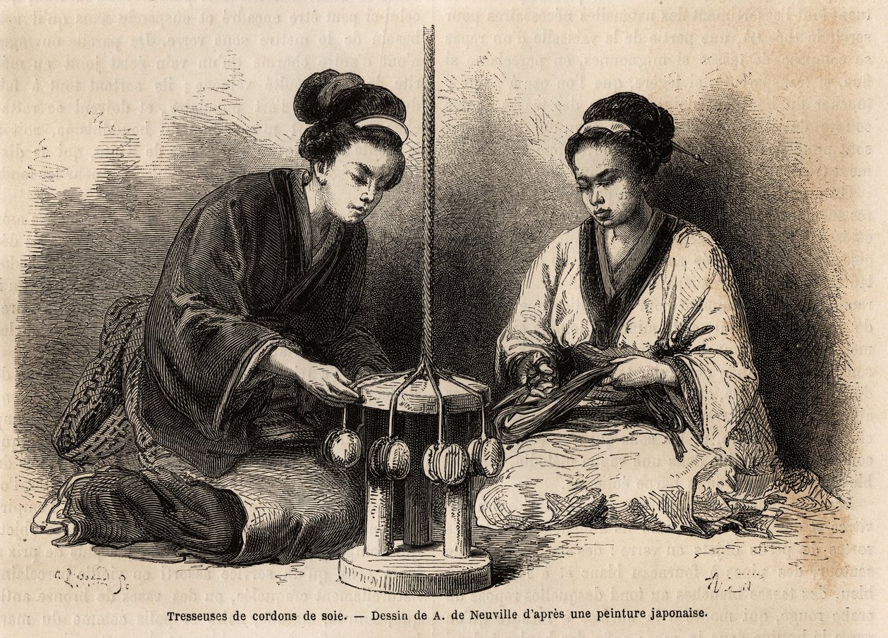 Fletter av silkesnorer, i deres verksted i Yedo (eller Edo, dagens Tokyo); disse flettene er svært utvidede siden de brukes til å arrangere og vedlikeholde militære og sivile kostymer (japanerne ignorerer knappen og klipsen for å knytte klærne). Engra av Unknown artist
