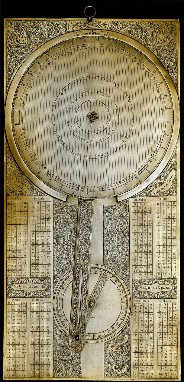 Messinginstrument kjent som "Jovilabe" (Jovilabium) projisert etter studier av Jupiters satellittperioder av astronomen Galileo Galilei (Galilee) (1564-1642) rundt 1610. 1650-1700 Firenze, Istituto e Museo di Storia delle Scienze. av Unknown artist
