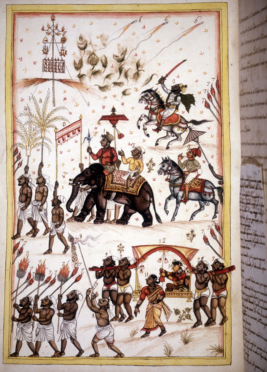 Brudeprosesjon av ektefeller av høy sosial klasse - Side fra manuskriptet (ms.8300) "History of Mogol"" (Moghul eller Moghol) av Stefano Nivibus Cardeira. 18. århundre. Bibloteca marciana, Venezia av Unknown artist