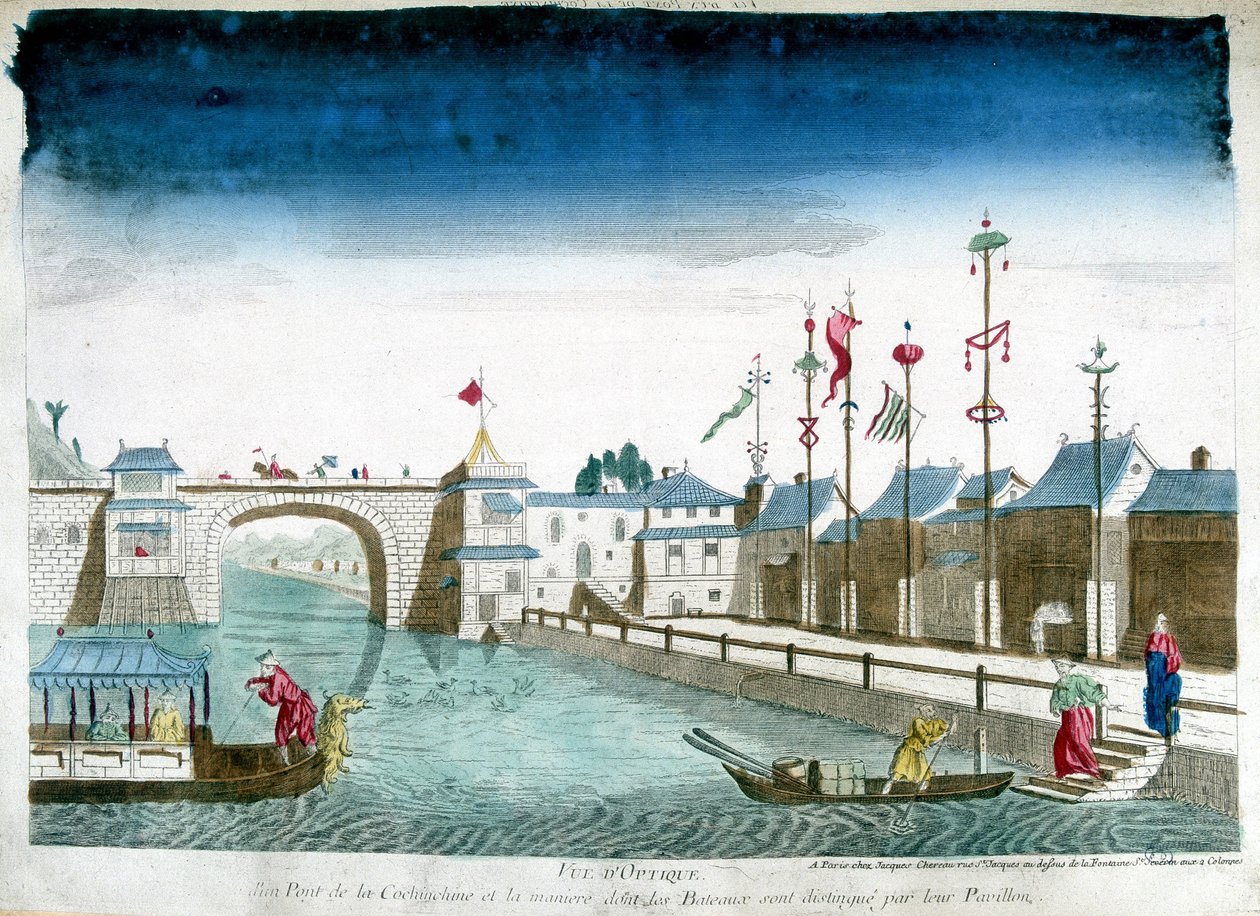 Bridge of Cochinchine og båter er utmerkede forlate paviljongene. Gravering fra slutten av 1700-tallet av Unknown artist