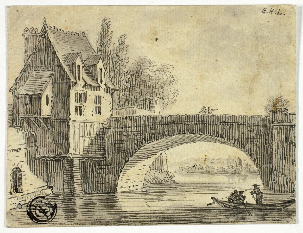 Bro med hus av Unknown artist