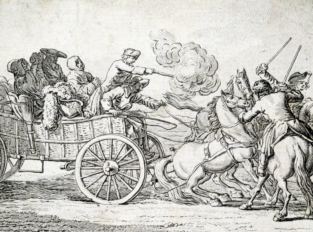 Brigander angriper passasjerer på en vogn. Gravering av en anonym fra 1700-tallet. av Unknown artist