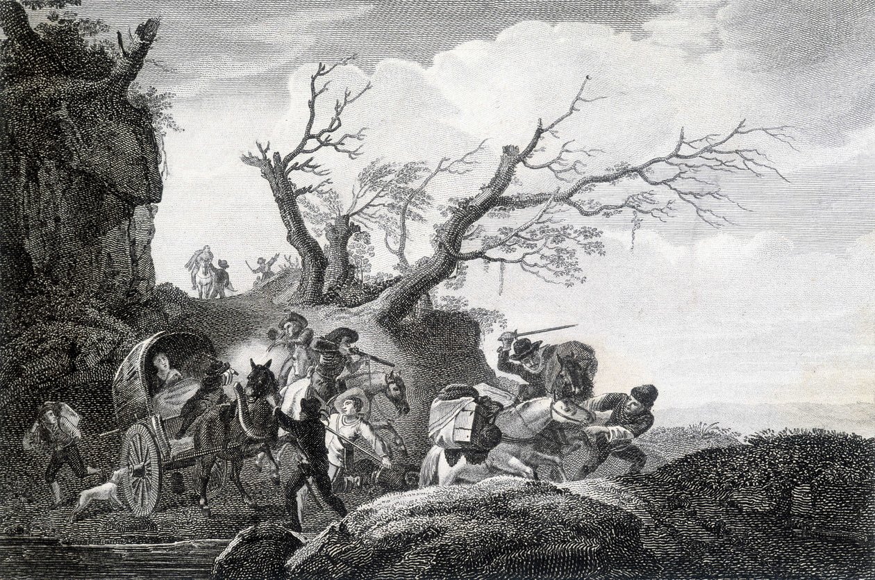 Brigander angriper reisende på en landevei. Gravering av en anonym fra 1700-tallet. av Unknown artist