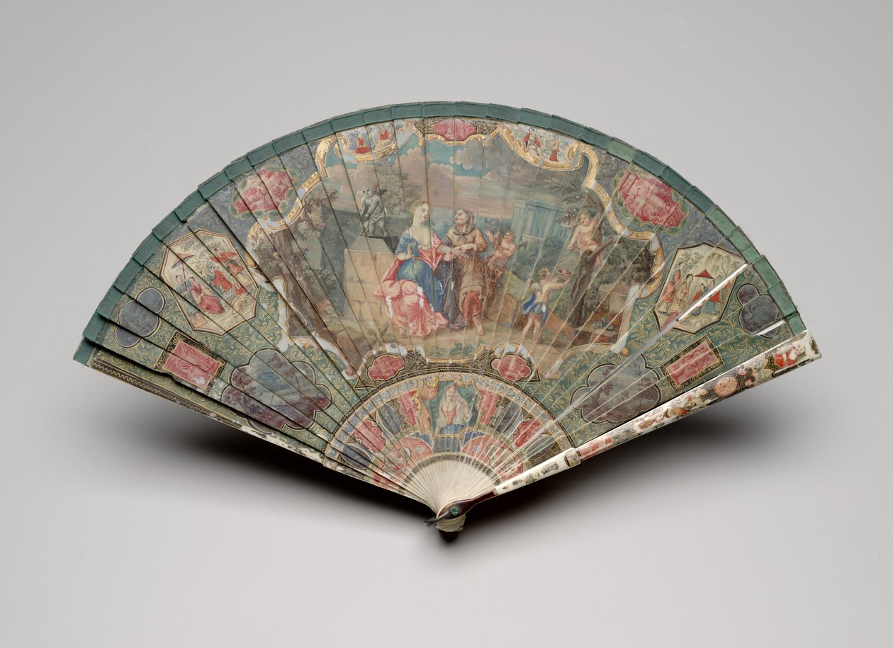 Brisé-vifte med spåkone og kinoseriemotiver, ca. 1700-25 (gouache på elfenbensblader, silkebånd, skilpaddeskall, limperler og messingløkke) av Unknown artist