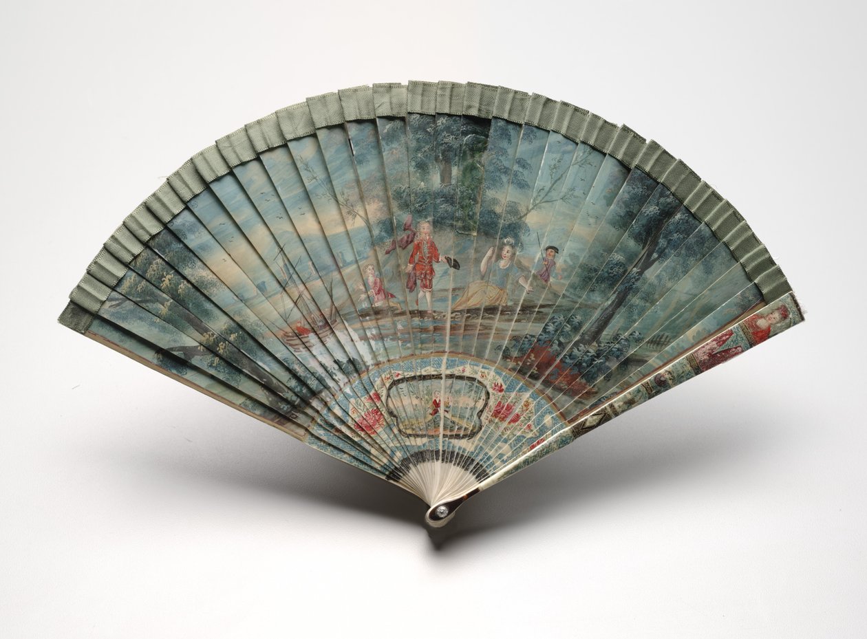 Brisé-fan med en scene av to par i et landskap, ca. 1700-25 av Unknown artist