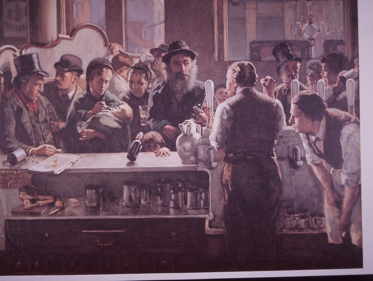 Britisk pub som serverer drinker (farge litho) av Unknown artist