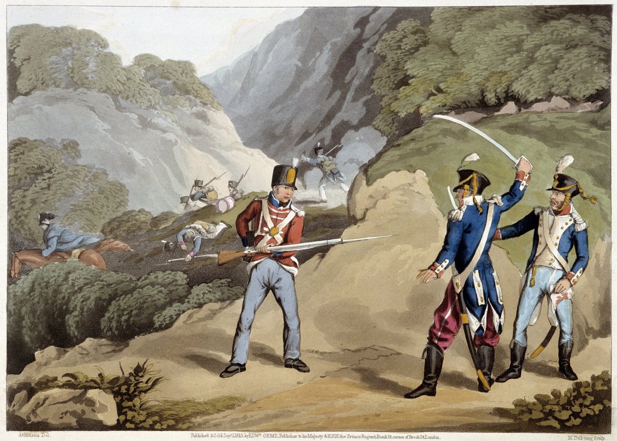 Britisk soldat tok to franske offiserer til fange i slaget ved Pyreneene - i "Historiske, militære og sjøanekdoter ..." av Edward Orme av Unknown artist