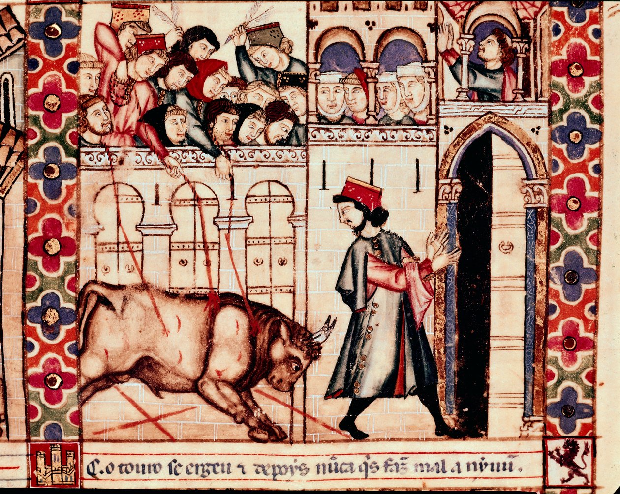 Tyrefekting: oksen dreper på arenaen under de tradisjonelle festene i Plasenza (Plasencia) i Spania, sang 144. Miniatyr fra Sankt Marias salme av Unknown artist