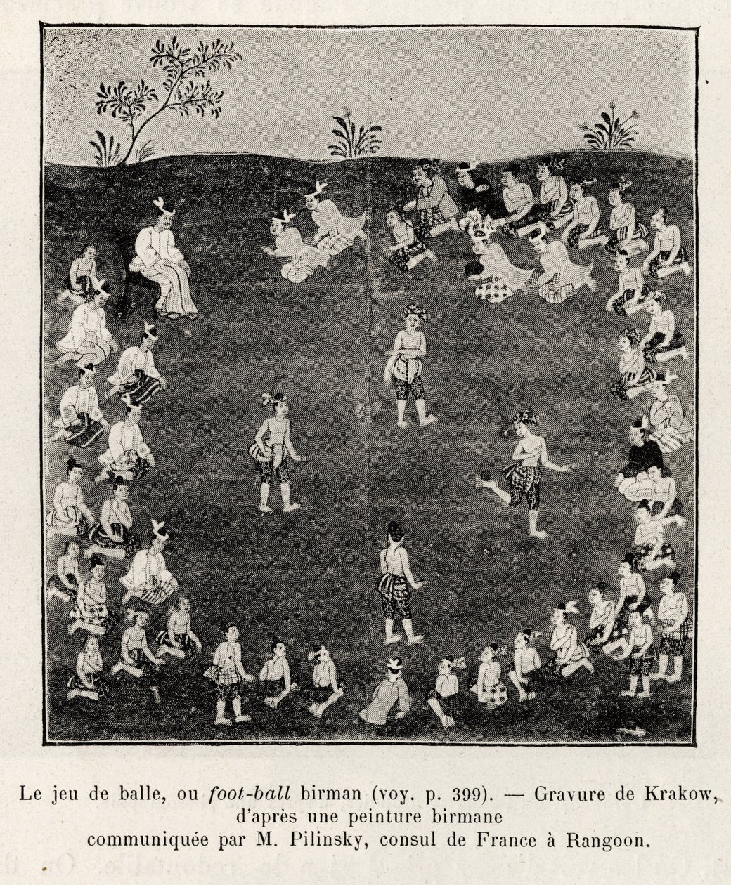 Burmesisk fotball eller ballspill. Gravering av Krakow for å illustrere historien «Femten dager i Burma», av E.Cavaglion, i 1886, i Le tour du Monde 1892, regissert av Edouard Charton (1807-1891), Hachette, Paris. av Unknown artist