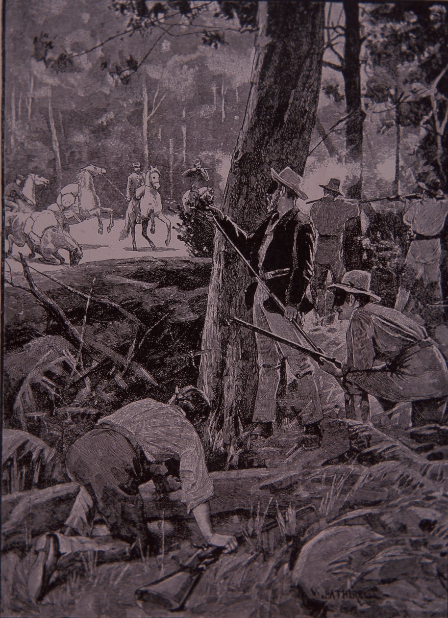 Bushrangers, australske fredløse, raner en gulleskorte (gravering) av Unknown artist