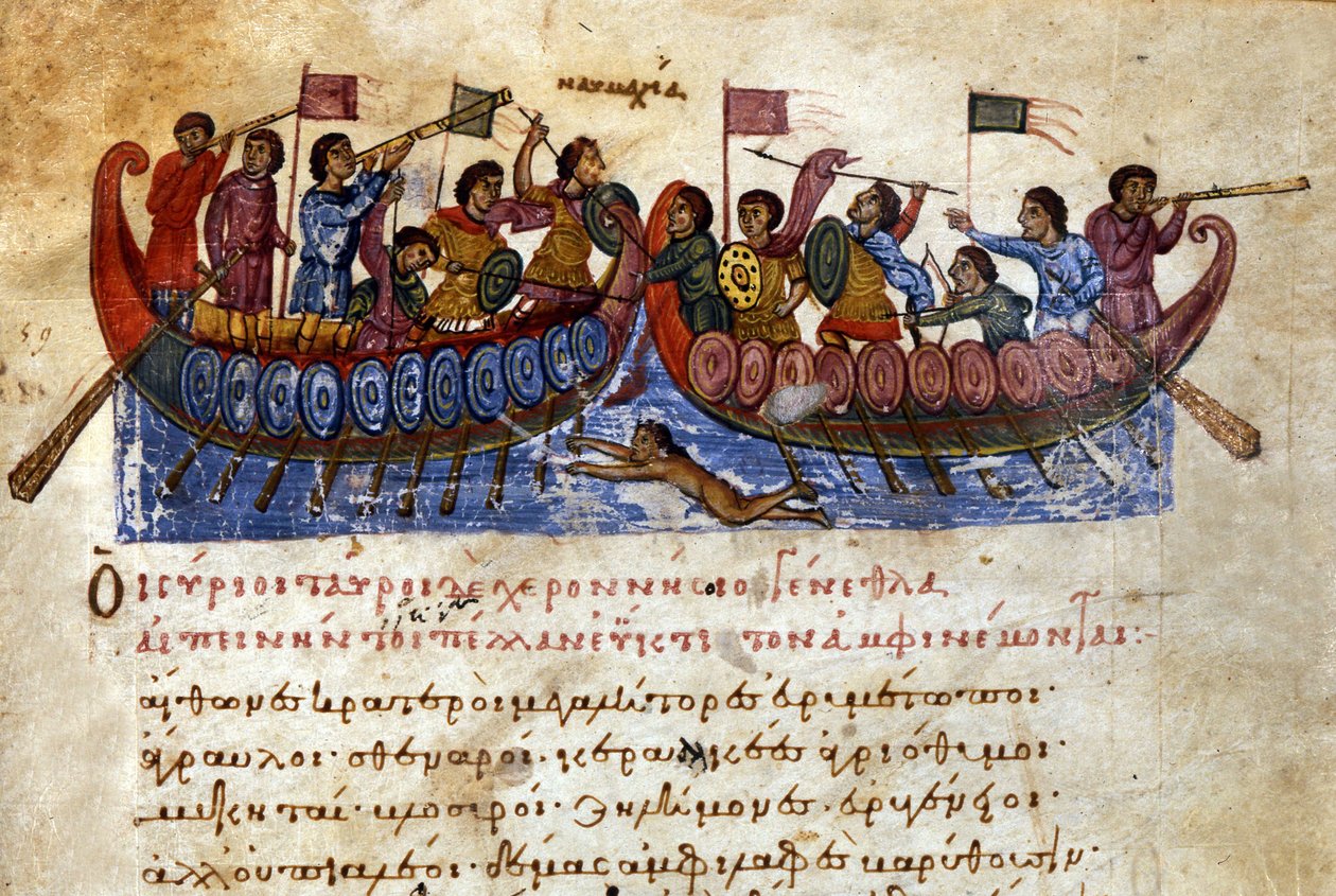 bysantinsk sjøslag. En angrepssvømmer angriper fiendens skip. Manuskript fra 1000-tallet. Venezia, bibl. Marciana. av Unknown artist