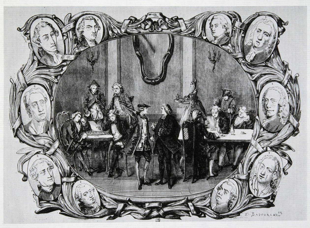 Café Procope i Paris på 1700-tallet med Buffon, Gilbert, Diderot, D