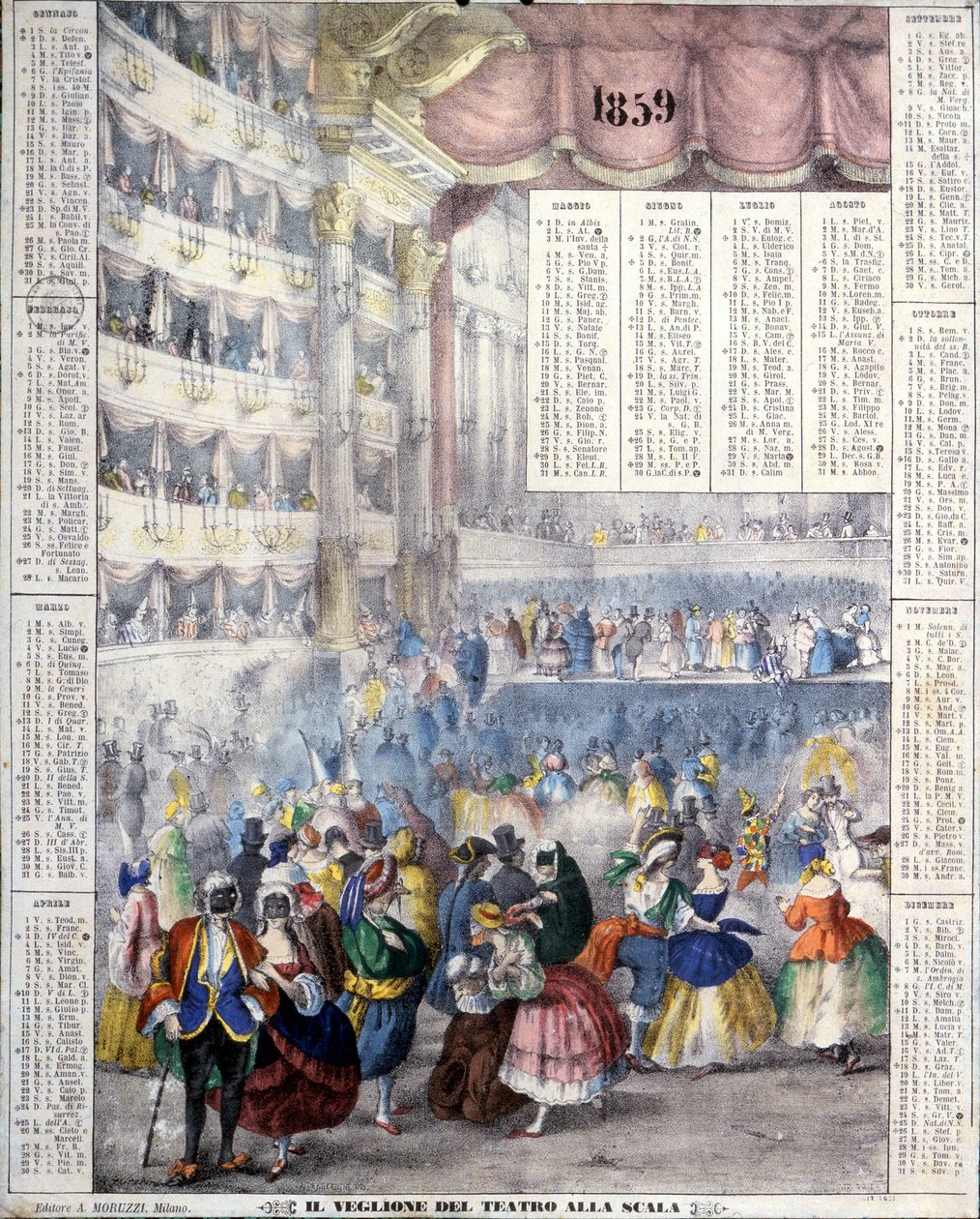 Kalender for 1859 som representerer en karnevalskveld på Teatro alla Scala i 1859. av Unknown artist