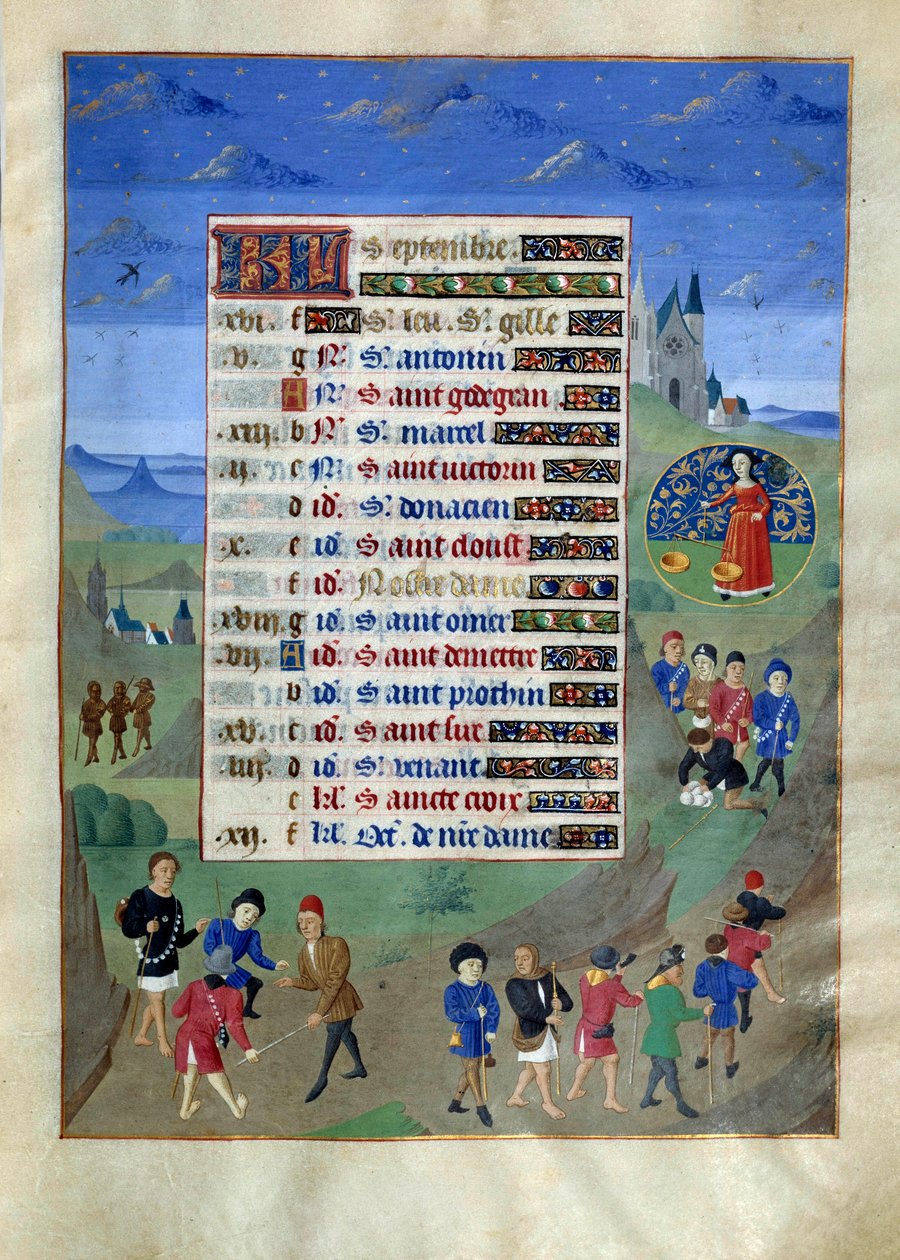 Kalenderside for september måned. “” Depart of the pelerins en voyage”” Opplyst manuskriptside fra “” Time Book of the Duchess of Burgundy, Adelaide of Savoy””” Marie Adelaide av Savoy (1686-1712) er kona til delfinen Louis Duke of av Unknown artist
