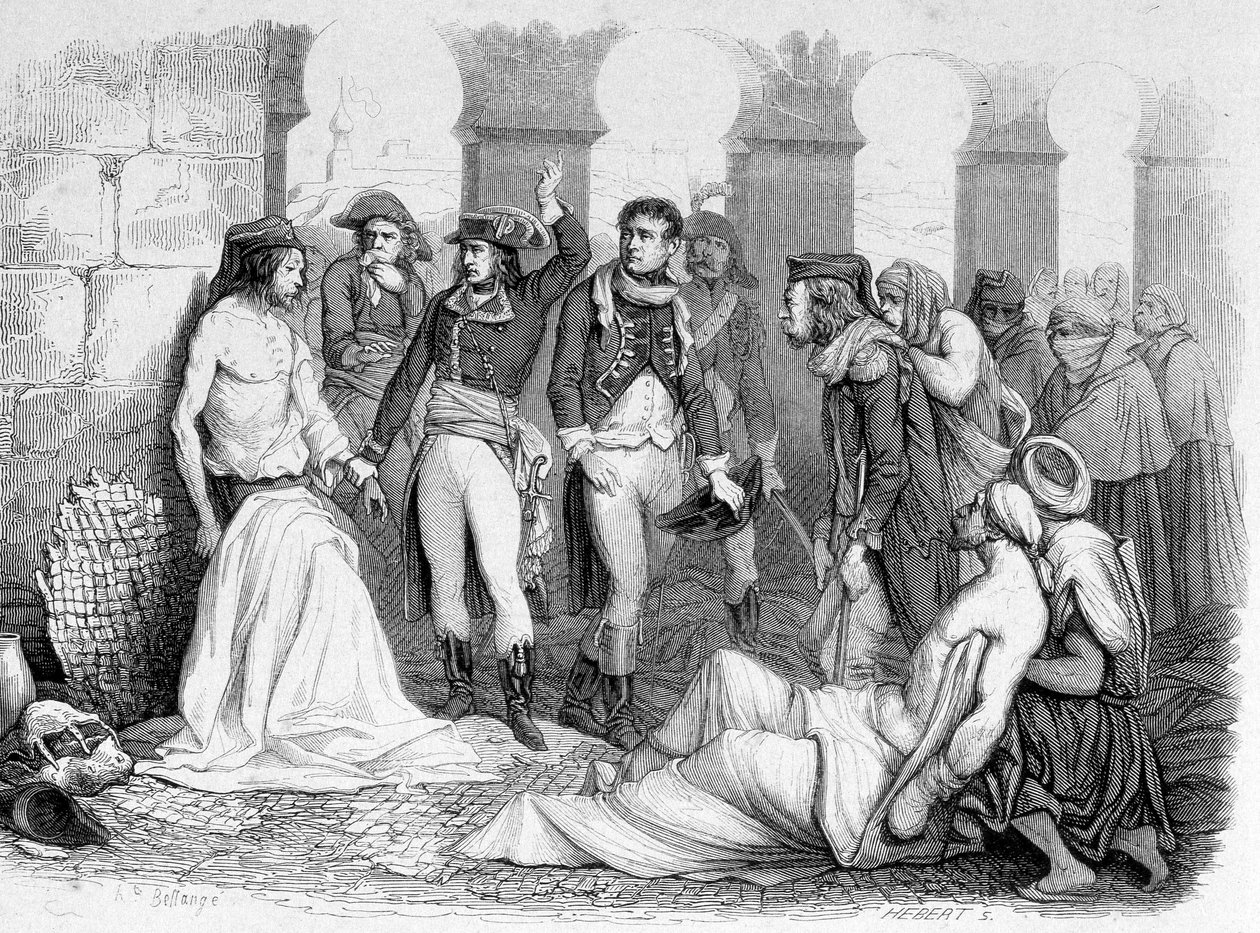 Kampanje (ekspedisjon) av Egypt (1798-1801): General Bonaparte besøker pestifersykehuset i Jaffa, Egypt. Gravering 1800-tallet. av Unknown artist