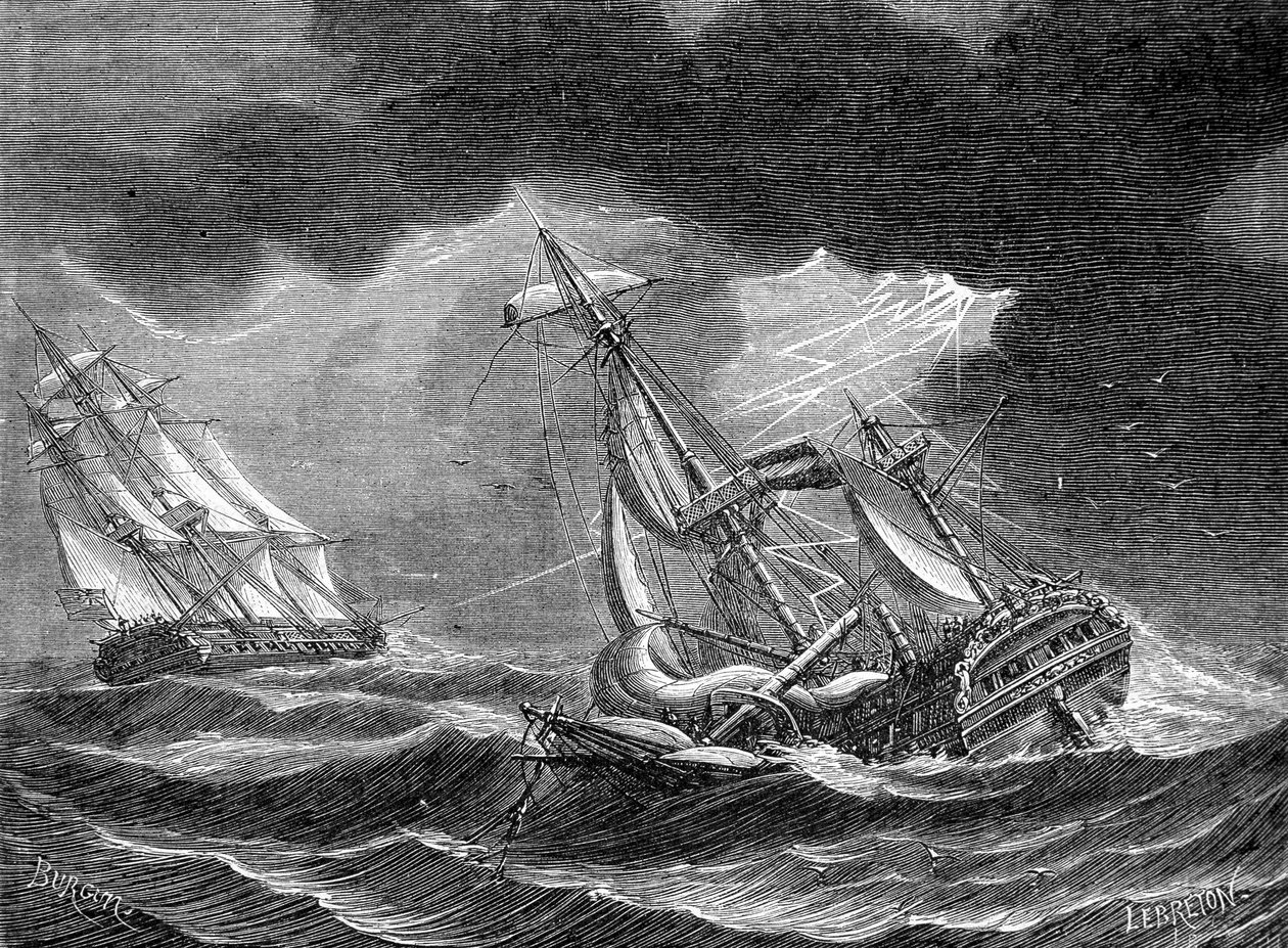 Kaptein Cooks skip spart, takket være lynavlederen, nær et nederlandsk skip truffet av lynet - gravering av Unknown artist
