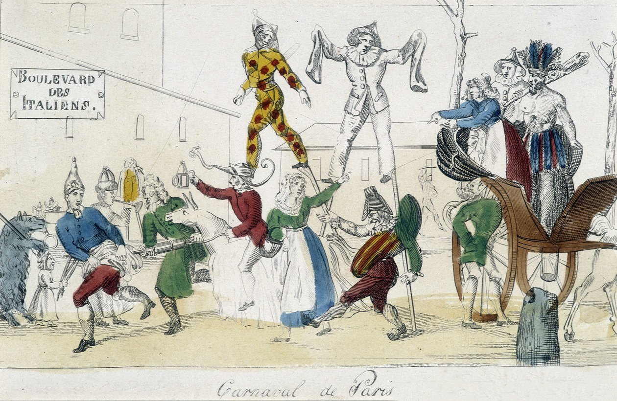 Carnival of Paris, boulevard des Italians - gravering fra 1700-tallet, Carnavalet. av Unknown artist