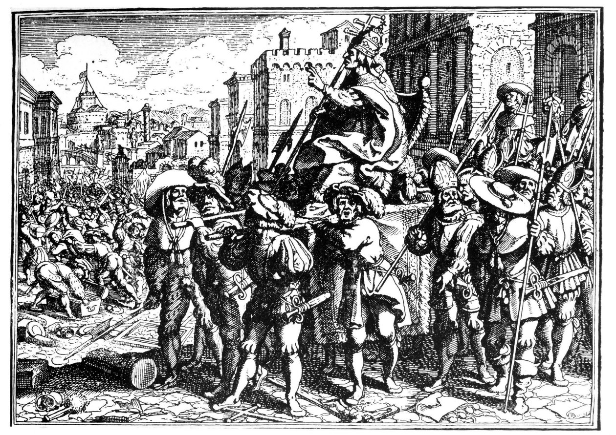 Tegneserie om pave Innocent I under invasjonen og plyndringen av Roma av Alaric I, kongen av vestgotene, i 410 (Sac of Rome). Gravering - i "" The Chronicle of Goffredo"". av Unknown artist