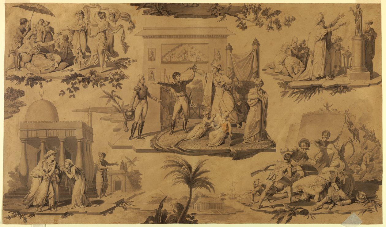 Tegneserie for trykt bomullstekstil: Franskmennene i Egypt [Les Francais en Egypte] av Unknown artist