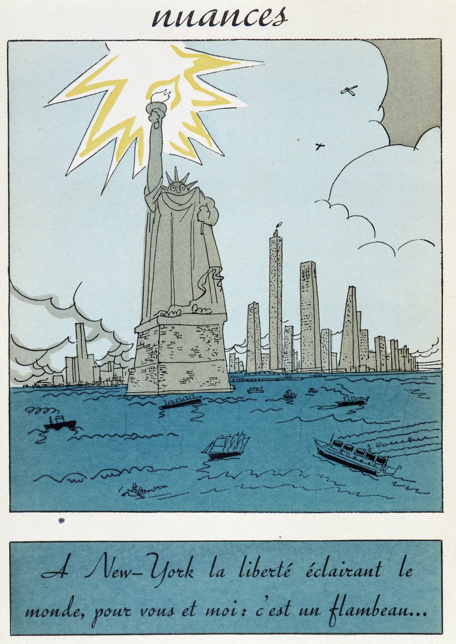 Tegneserie av Frihetsgudinnen i USA: "Frihet i New York lyser opp verden, for deg og jeg er det en fakkel" av Unknown artist