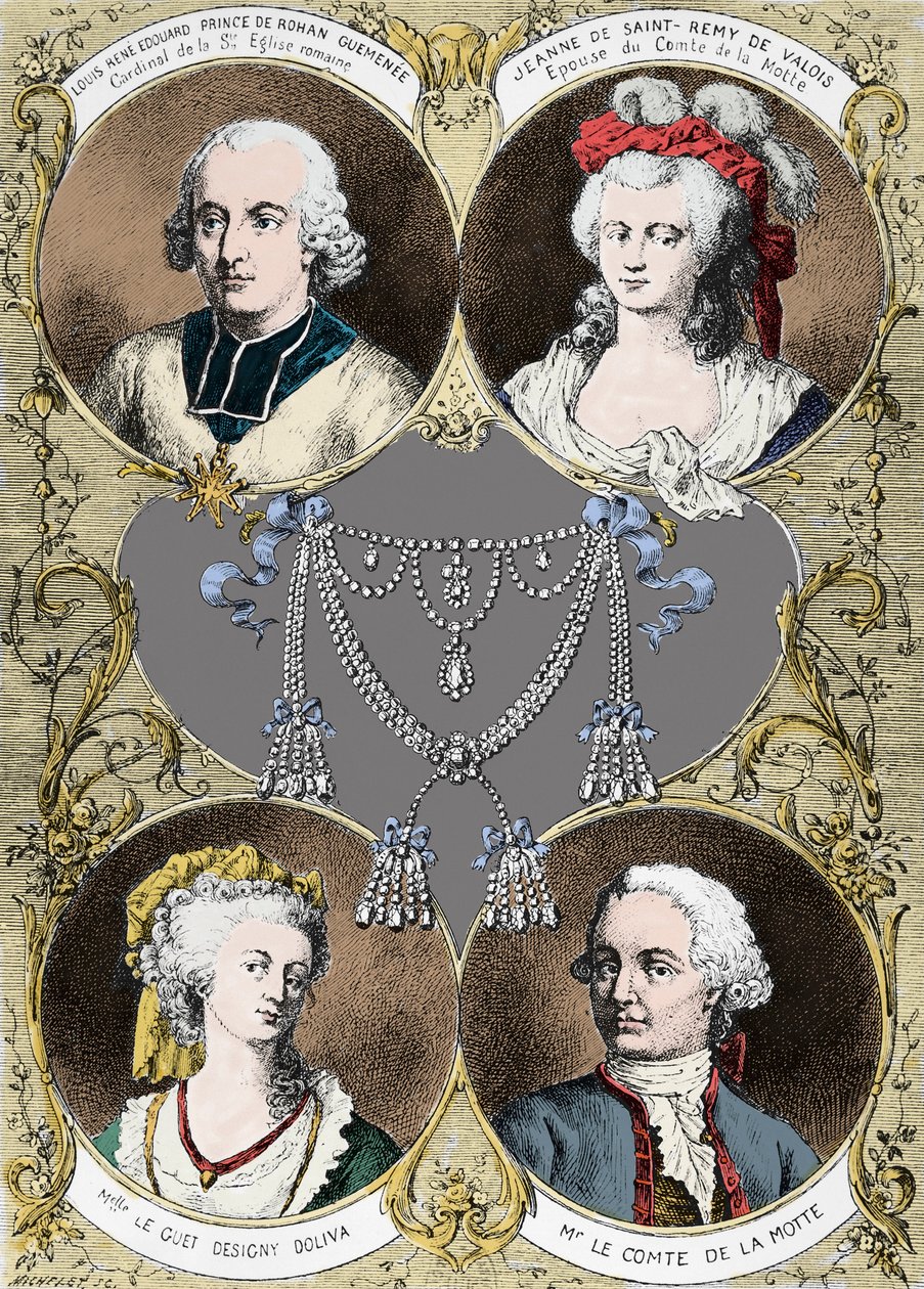 Etui av halskjedet til dronning Marie Antoinette - hovedpersonene i saken: Louis Rene Edouard de Rohan (Cardinal de Rohan), Jeanne de Valois Saint Remy (Valois-Saint-Remy), Count de la Motte og Mademoiselle Le Guet d