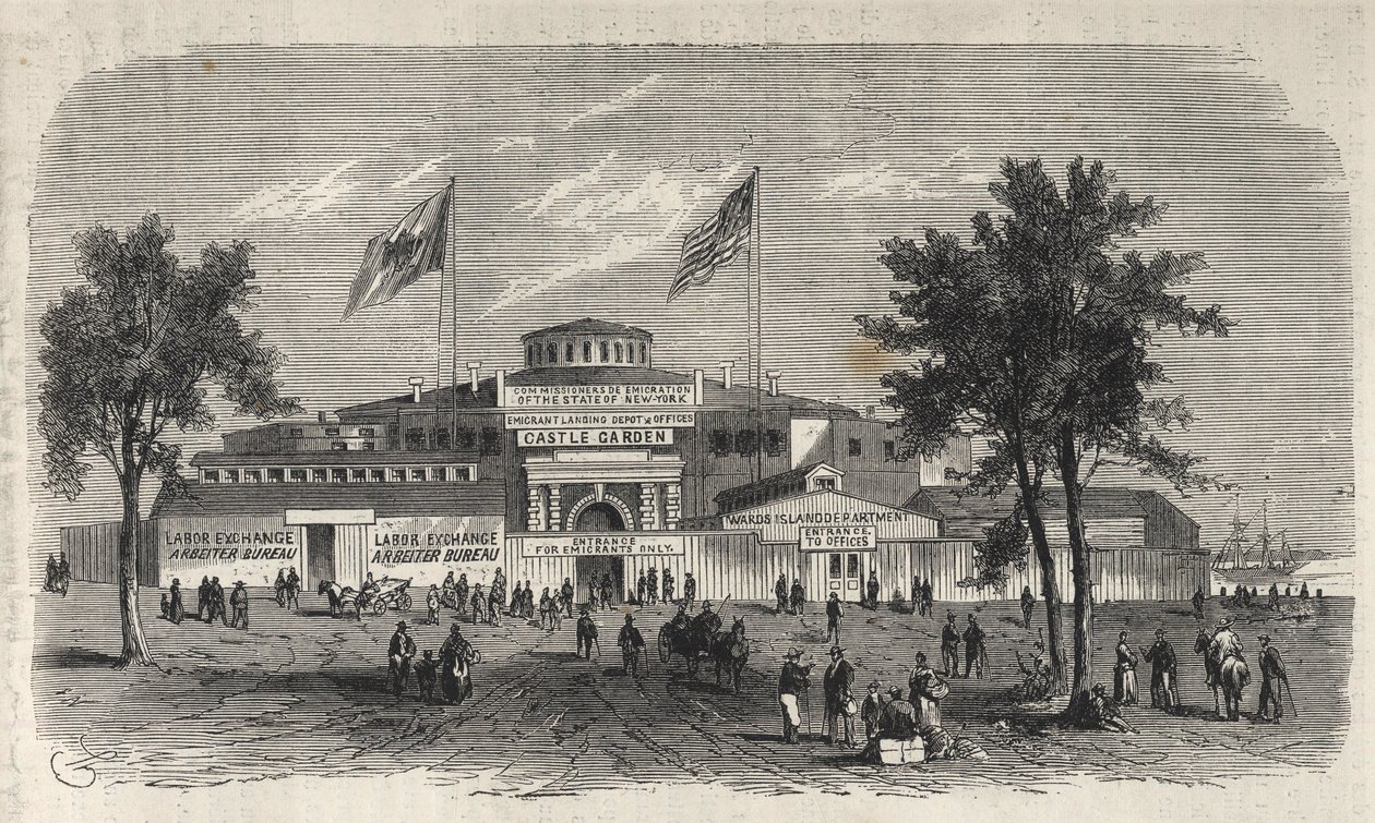 Castle Garden Immigration Center Depot - Castle Garden emigrantdepot - New York State - Emigration Commission Establishment - Gravering i "The Illustrous Universe" fra 1869 av Unknown artist